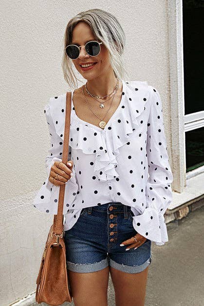 Elings - Wholesale Blouse - Women's - Ruffle V Neck Long Sleeves Dot Top4
