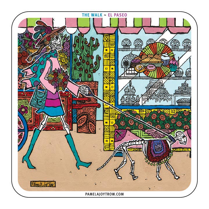 Vinyl-Aufkleber „Day of the Dead Walking the Dog“, quadratisch, 10,2 cm für den Großhandel von The Art of Pamela Joy Trow