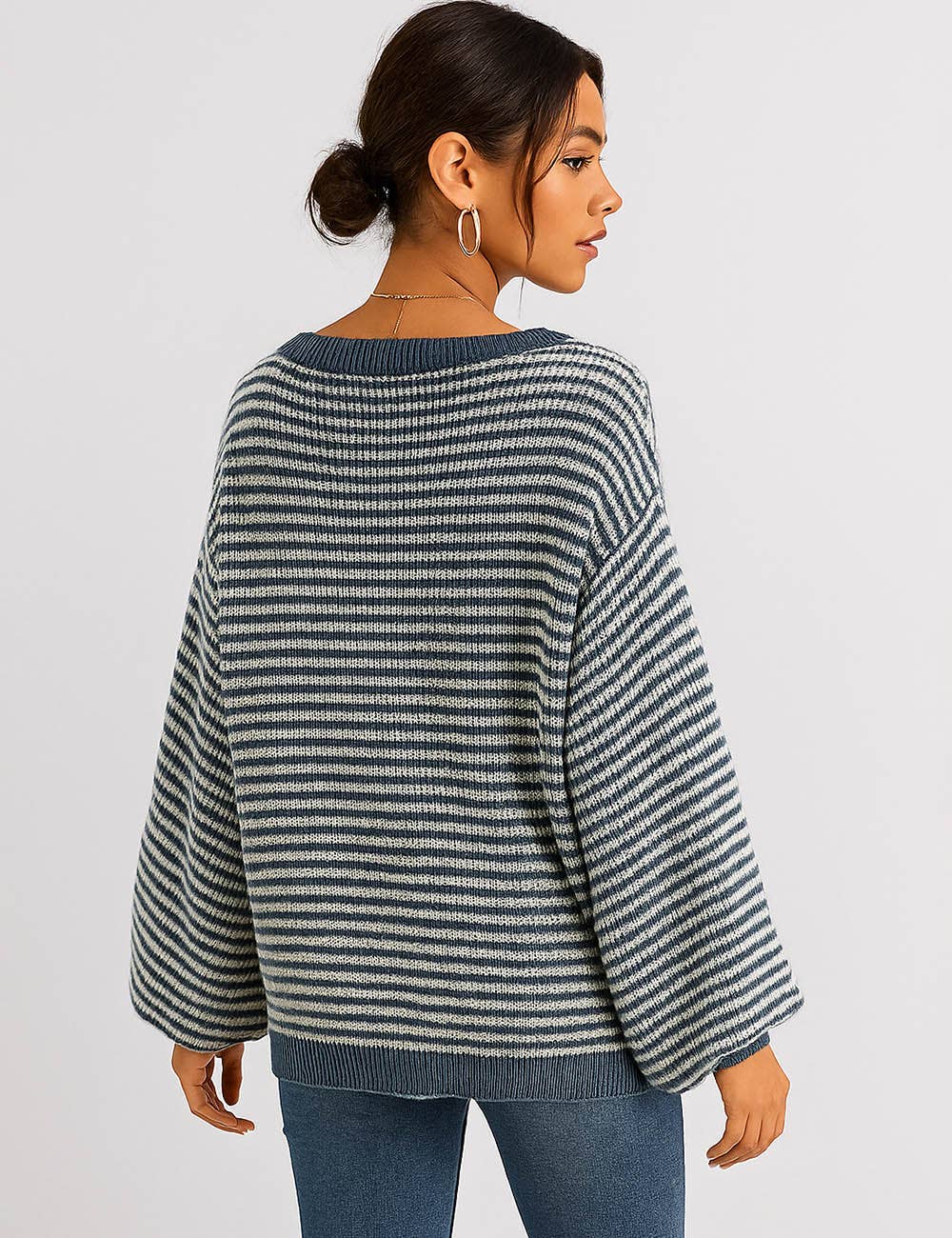 Sweetkama - Wholesale Knit Sweater - Women's - Ladies Striped Pullover Round Neck Lantern Sleeves Knit Sweater14