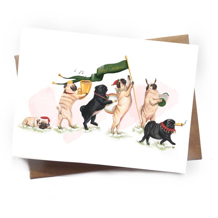 Sjov Mops Julekort – Marcherende Band Mops Kort for engroshandel hos Hannah Farrs