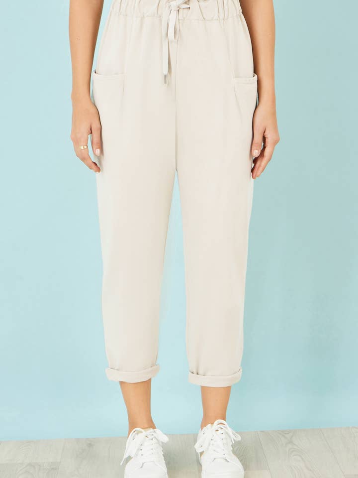 Yumi Cream Cotton Relaxed Stretch Trousers With Pockets for wholesale by Yumi