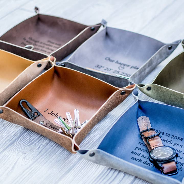 Personalized Leather Valet tray - Catchall Tray for wholesale by Iron and Grain Leather Co.