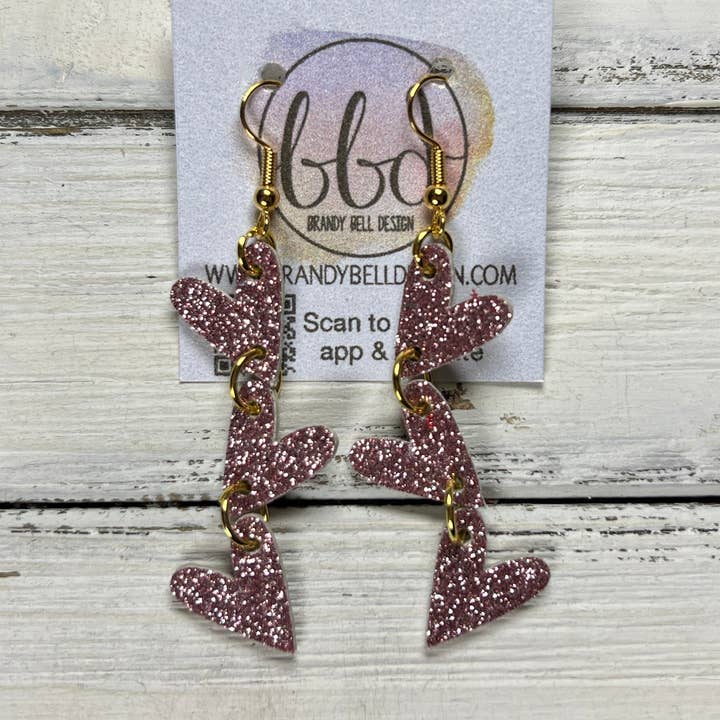 Brandy Bell Design - Wholesale Dangle Earrings - LINKED HEARTS -   Tiny Hearts Collection || Leather Earrings  ||   <BR> ROSE GOLD GLITTER ON THICK LEATHER0