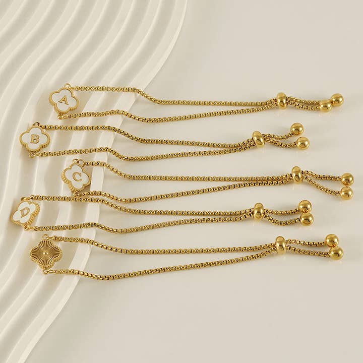 Perimade & Co. LLC - Wholesale Charm/Dangle Bracelet - Initial Letter Four Leaf Clover Bracelet in Stainless Steel
