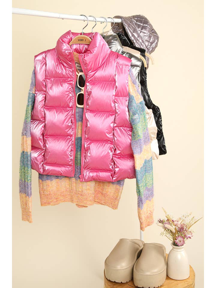 VERY J - Wholesale Outerwear Vest - Women's - NJ90293-Shiny Metallic Zip Up Puffer Vest