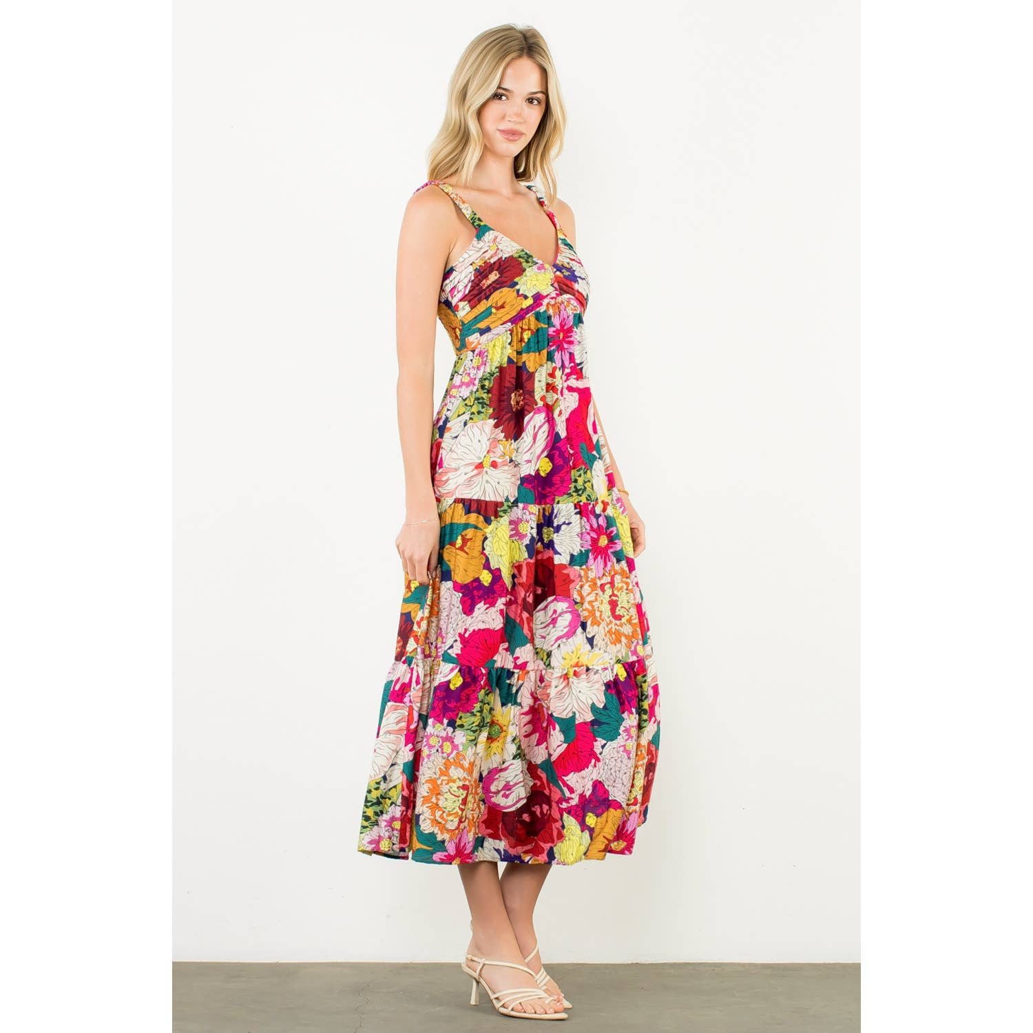 FUSCHIA Floral Strap Tiered Maxi Dress for wholesale on Faire1