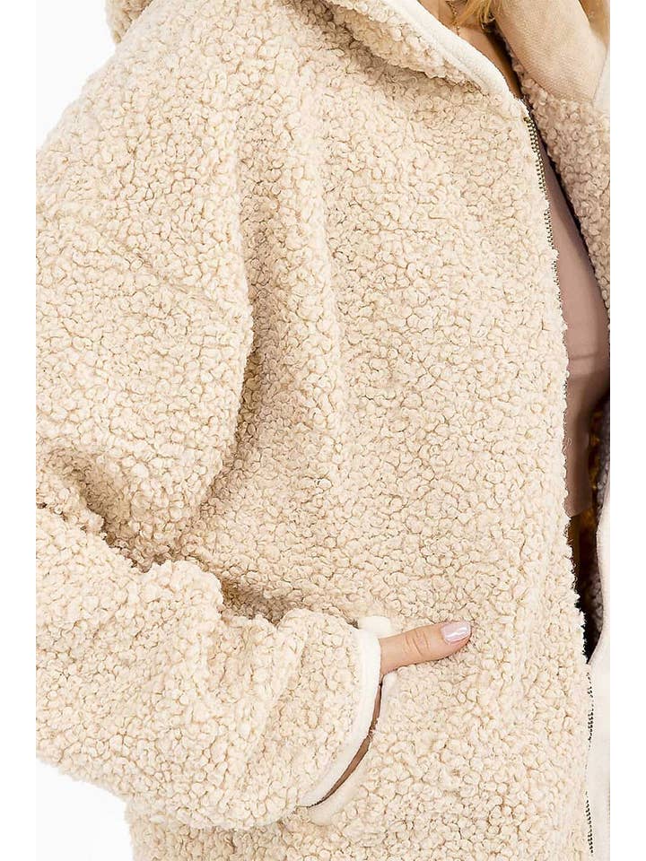 ROUSSEAU - Wholesale Jacket - Women's - SOLID SHERPA HOODED ZIP UP POCKET FRONT JACKET31