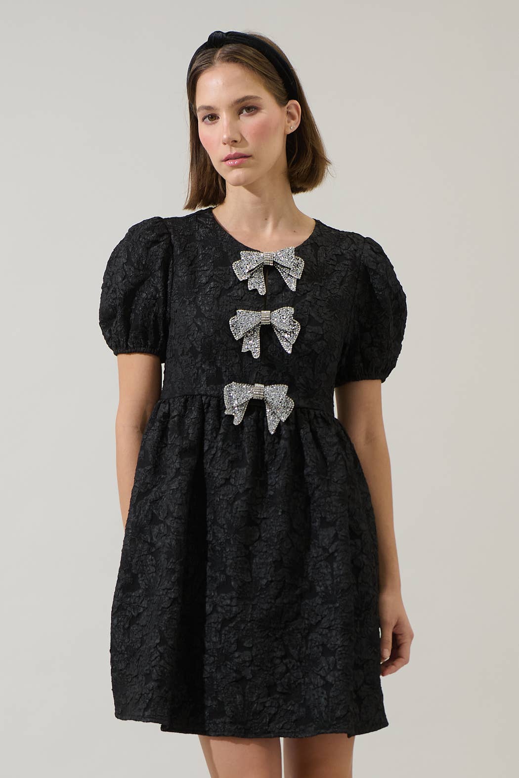 Black  Arian Jacquard Glow Bow Mini Dress for wholesale on Faire1