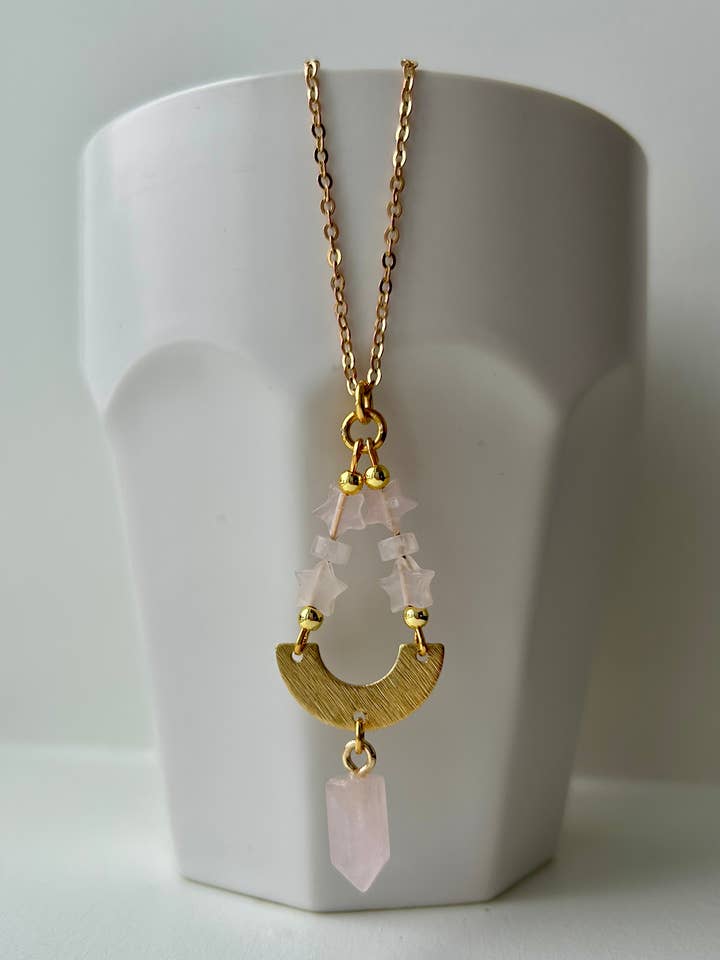 Rose Quartz Star and Point Brass Necklace for wholesale by Ahimsa Gems