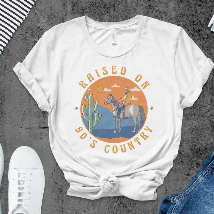 Vintage T-Shirt im 90er-Country-Stil mit Western-Cowboy- und Pferde-Motiv für den Großhandel von FreakyTeeFactory