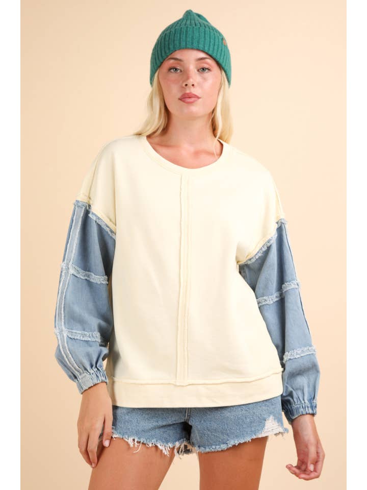 VERY J - Wholesale Knit Top - Women's - NT11776-Acid Washed Oversized Denim Sleeve Casual Top