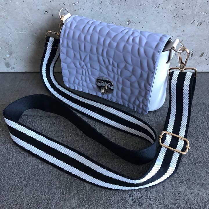 Periwinkle on Winter White with Stripe Strap for wholesale by Moost Bags