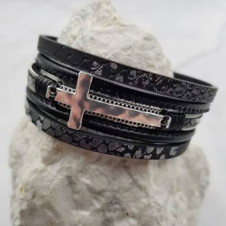 The Pretty Jewellery - Wholesale Bangle Bracelet - Cross Layered Leather Magnetic Bracelet