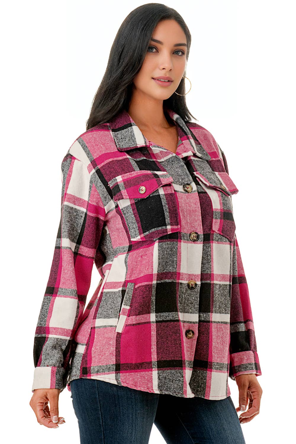 Color 5 - Vendita all'ingrosso Giacca a camicia - Donna - Camicia oversize in flanella scozzese rosa con tasche4