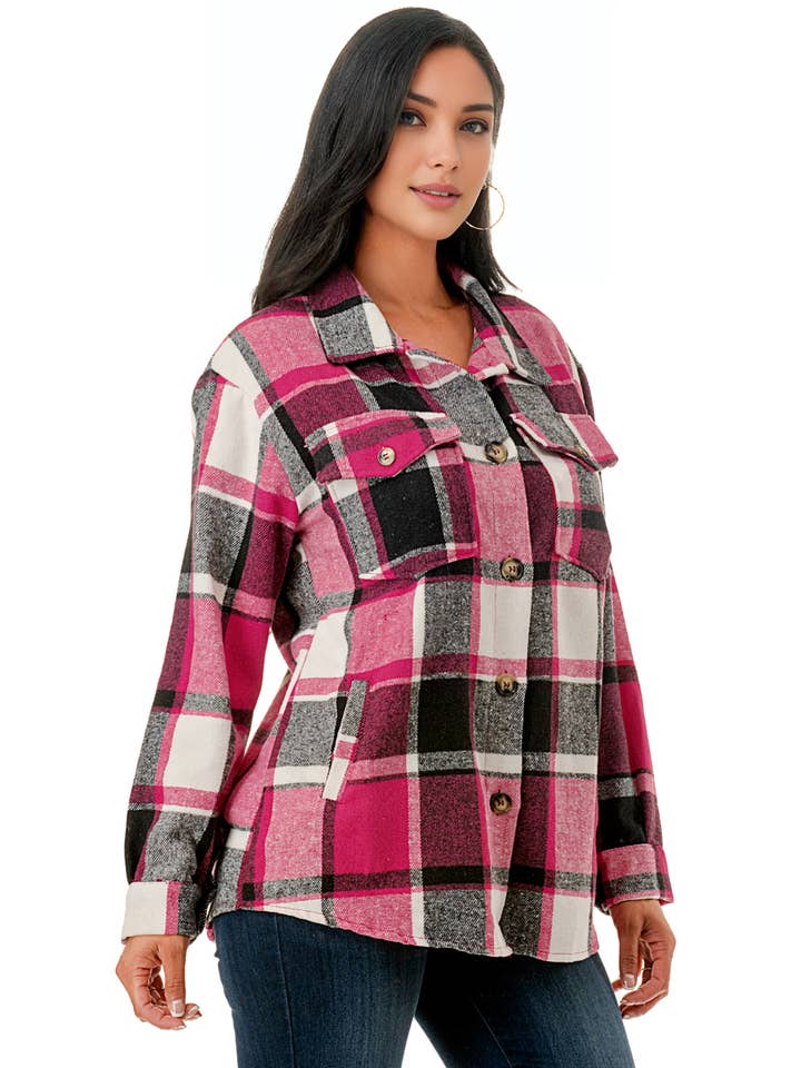 Color 5 - Vendita all'ingrosso Giacca a camicia - Donna - Camicia oversize in flanella scozzese rosa con tasche4