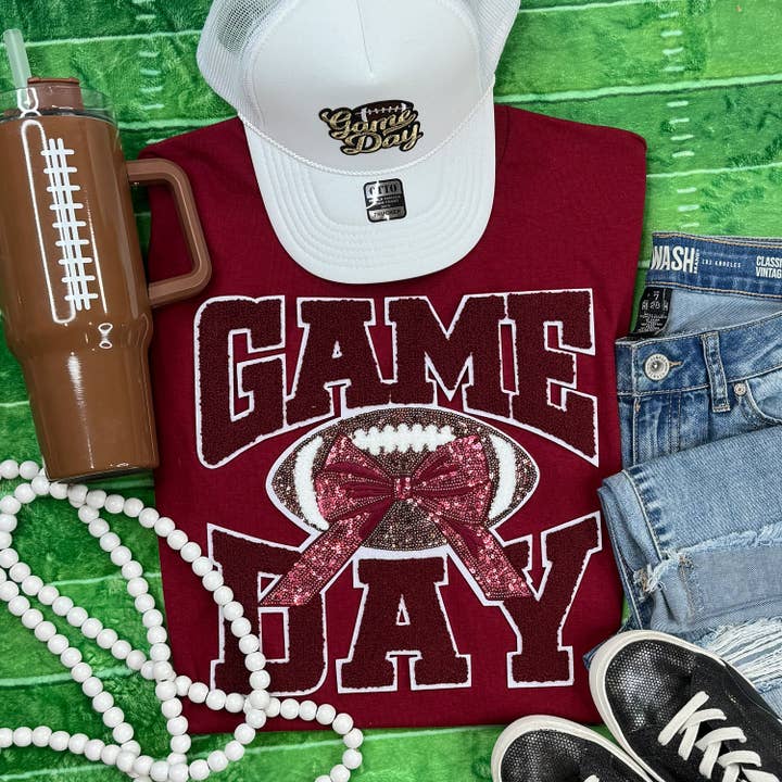 Maroon Chenille Football Game Day with Sequin Bow Patch Garnet Crewneck Sweatshirt for wholesale by Trendy Tee Co.