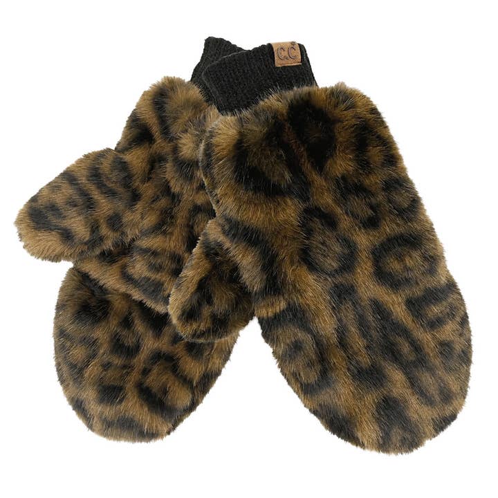 Funky Junque - Wholesale Mittens - Women's - Faux Fur Convertible Mitten - Leopard Print - Brown