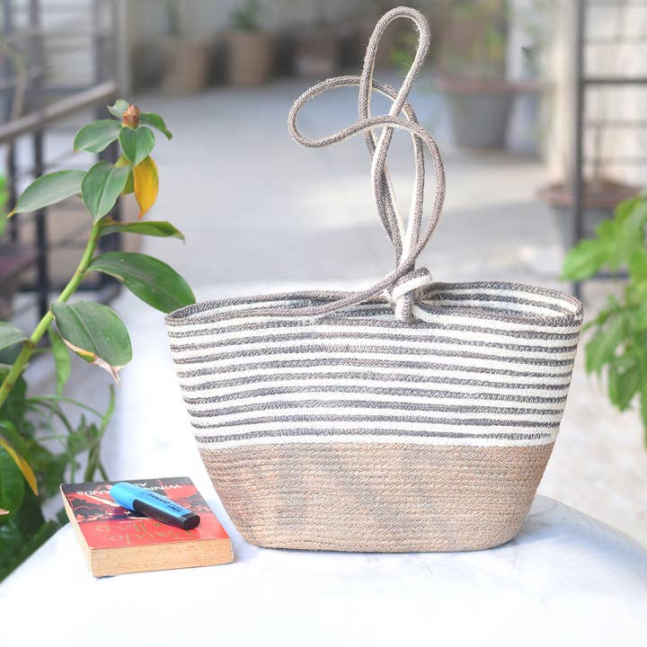 Neutral Stripe Handmade Jute Tote Bag – Eco-Friendly Winter  for wholesale by Kleene
