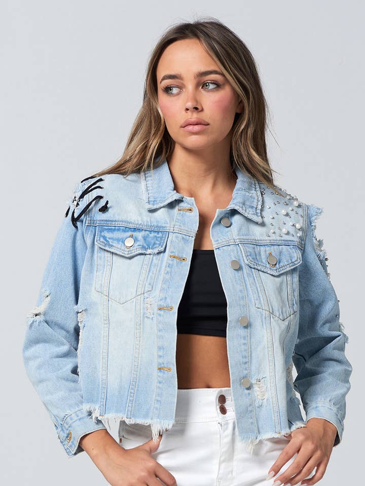 Pearl rhinestone trimmed vintage ripped crop denim jacket for wholesale by Color 5