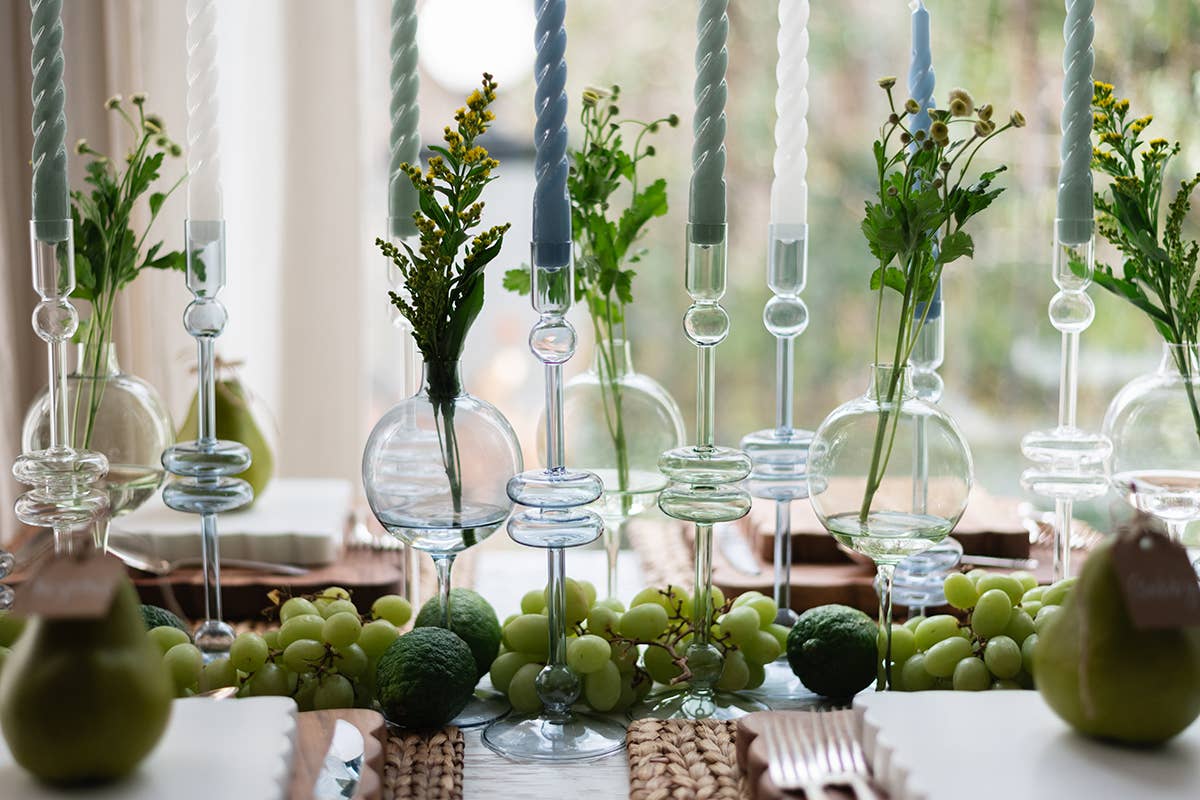 etúHOME - Vendita all'ingrosso Portacandele - Coppia di candelabri in vetro, medi, salvia3