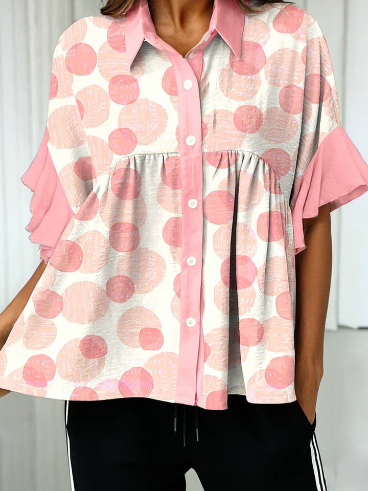 LAS-LIVE Polka Dot Printed Ruffle Trim Babydoll Shirt (S-XL) for wholesale by LA Society