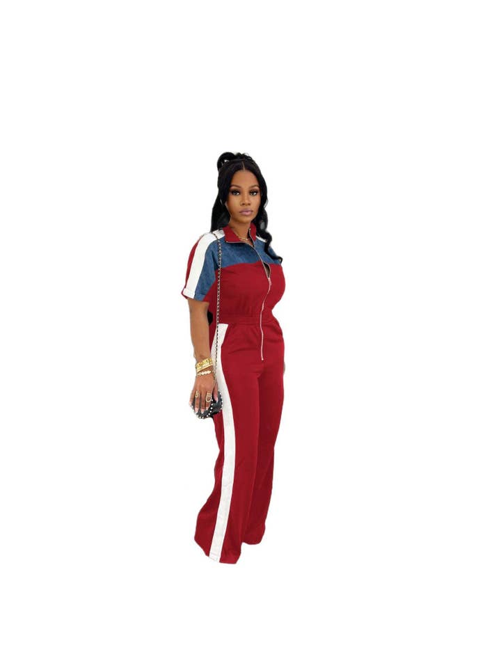 Queen Fashion - Wholesale Top & Skirt Set - Women's - collar short sleeve long zipper one piece trousers2