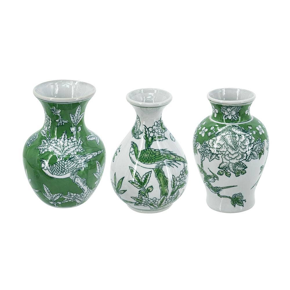A&B Home Group Inc. - Wholesale Vase - S/3 Green & White Porcelain Vases w/ Nature-Inspired Motifs2