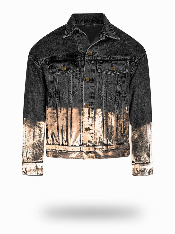 Shorter Washed Black Denim Jacket with Rose Gold Foil for wholesale by VENIM
