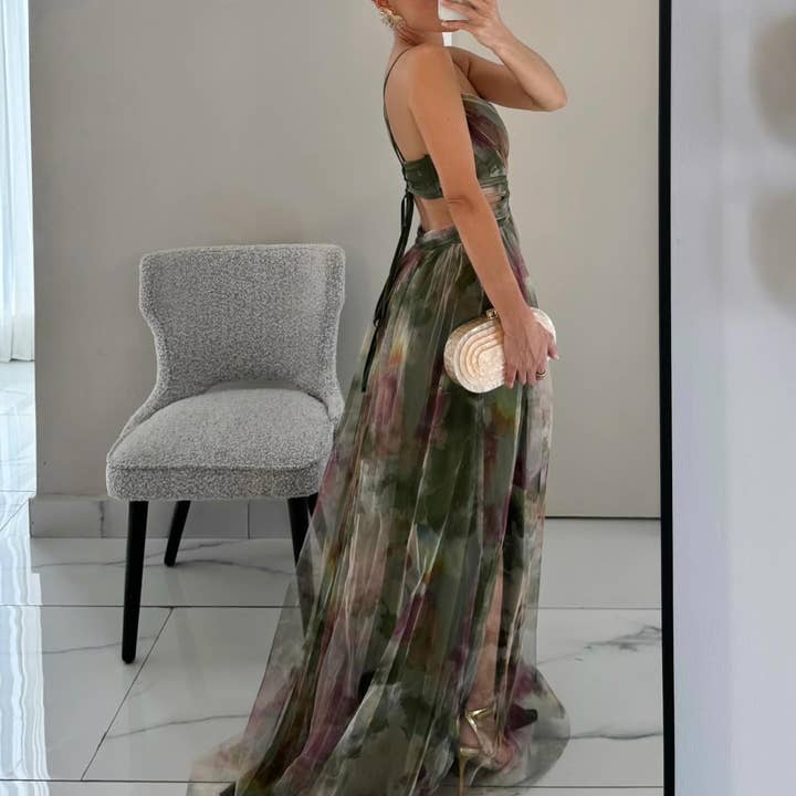 Lily Clothing - Wholesale Dress - Women's - LOW CUT LONG SWING DRESS WITH MESH PRINT HALTER