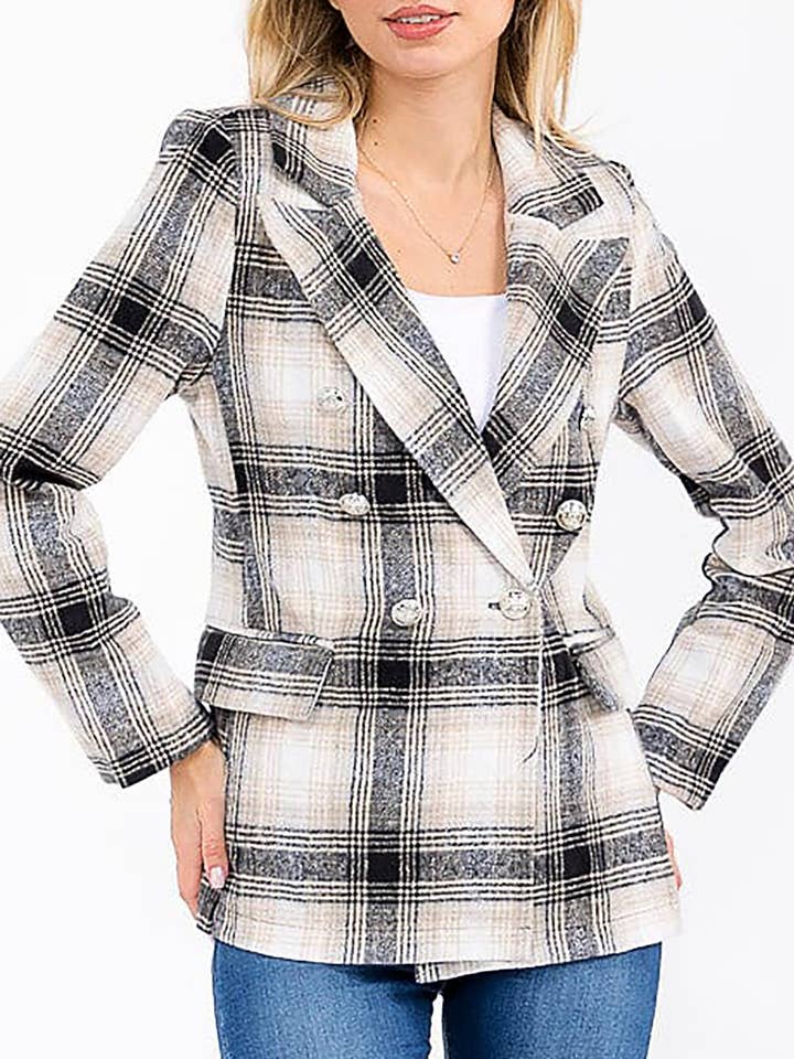 PLAID DRAPED DOUBLE BREASTED FRONT BLAZER for wholesale by ROUSSEAU
