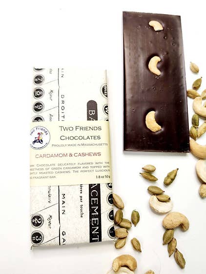 Local Handcrafted Cardamom And Cashew Chocolate Bar for wholesale by Two Friends Chocolates