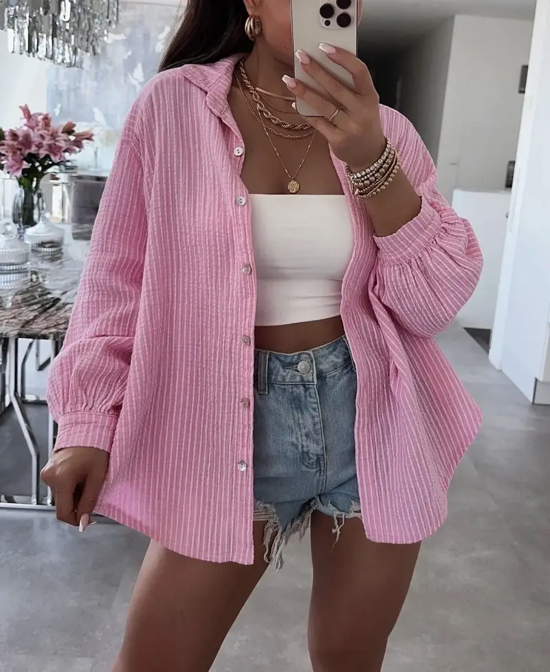 ESTEE BROWN - Wholesale Button Down Shirt - Women's - Printed cotton gauze striped shirt - 6218-25