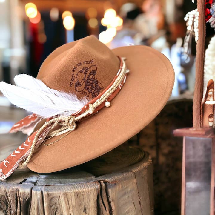 No Rest For The Wicked Vintage Skull Western Hat for wholesale by Wild Indigo
