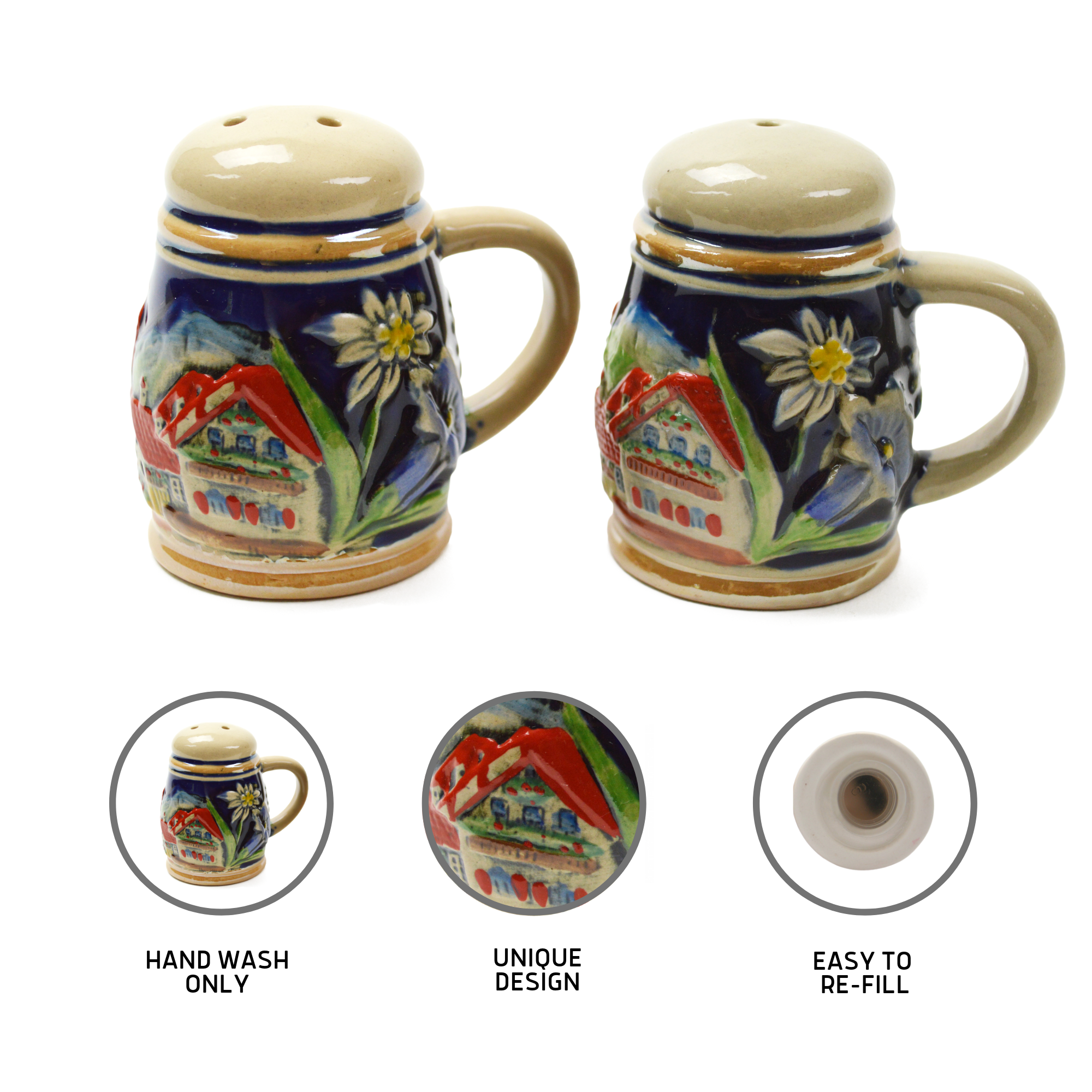 European Heritage Gifts - Wholesale Salt & Pepper Shaker Set - Alpine Village Engraved Beer Stein Salt & Pepper Set2