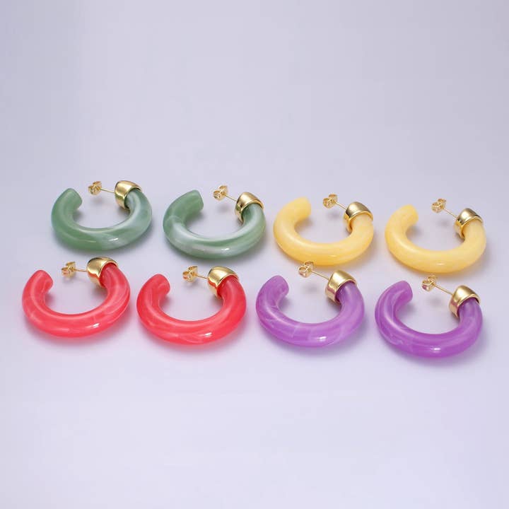 14K Gold Filled 35mm Yellow, Green, Pink, Purple C-Shaped Resin Hoop Earrings | AE189 - AE192 for wholesale by Aim Eternal