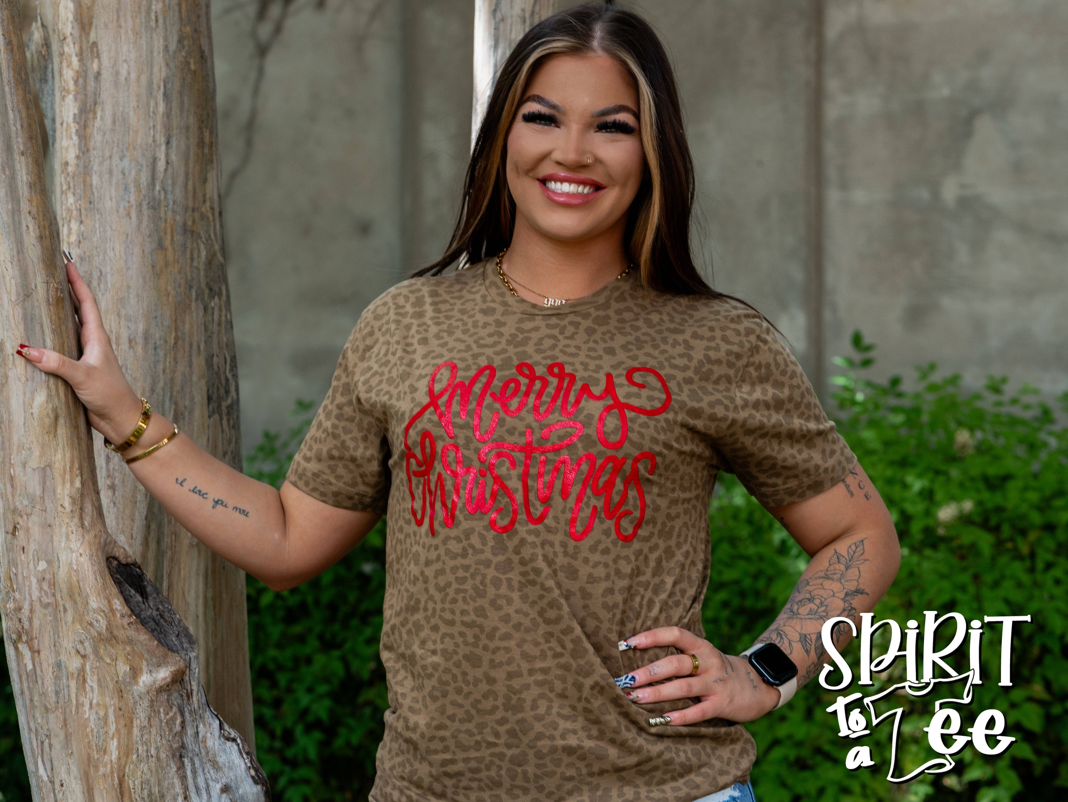 Spirit to a Tee - Vendita all'ingrosso Maglietta serigrafata - Donna - Maglietta di Natale con Glitter e Stampa Animalier - Buon Natale1