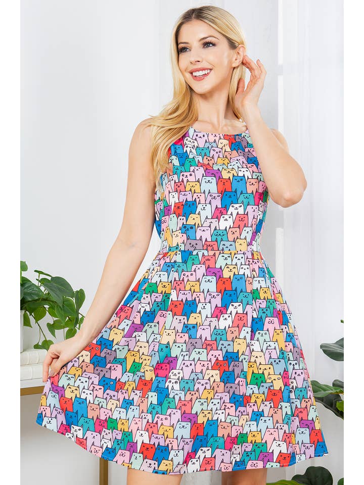 LA Soul - Wholesale Dress - Women's - Colorful Cat Skater Dress