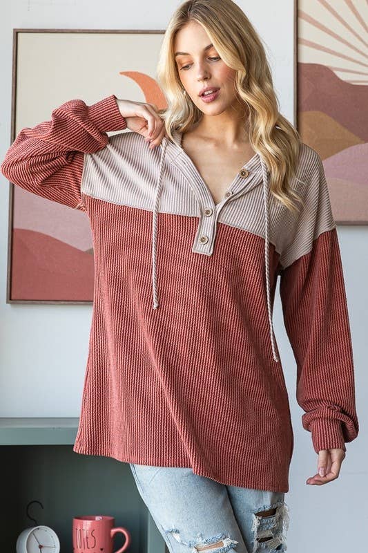 Sunday Morning – Großhandel Hoodie – Damen – T4577HE10-SOLIDE URBANE GERIPPTE KONTRAST-KAPUZENPULLOVER6