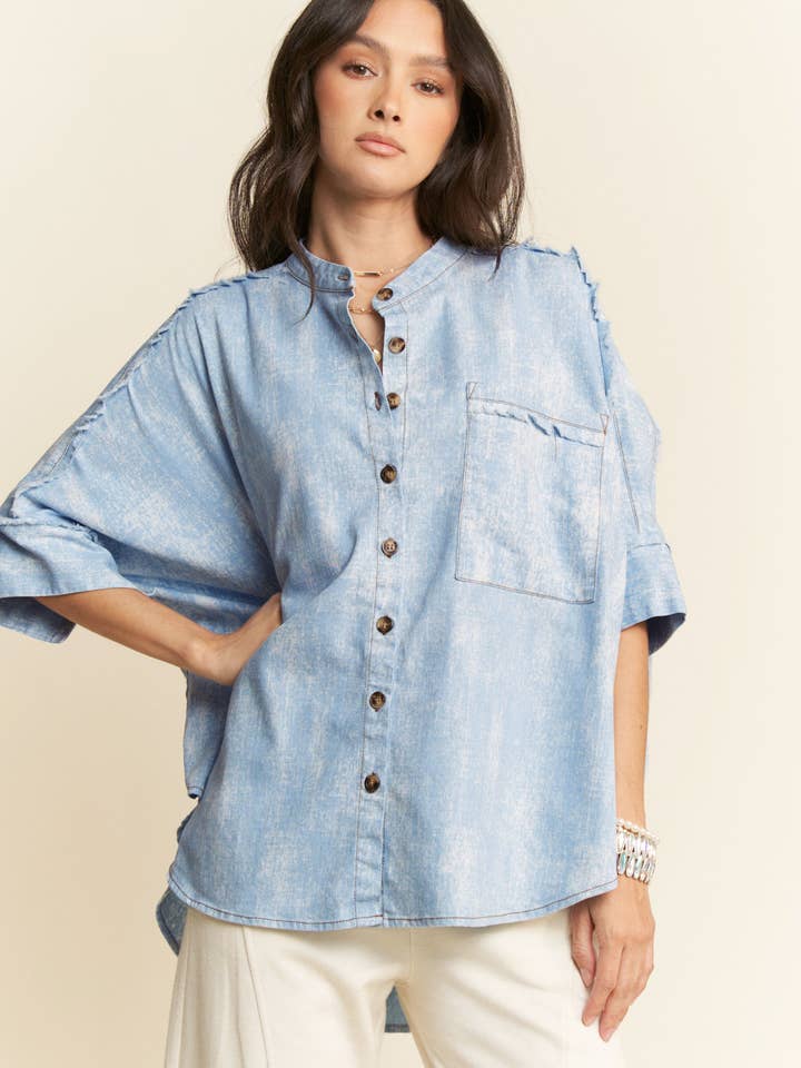 WASHED DENIM STAND COLLAR FRINGE HEM LOOSE SHIRT for wholesale on Faire2