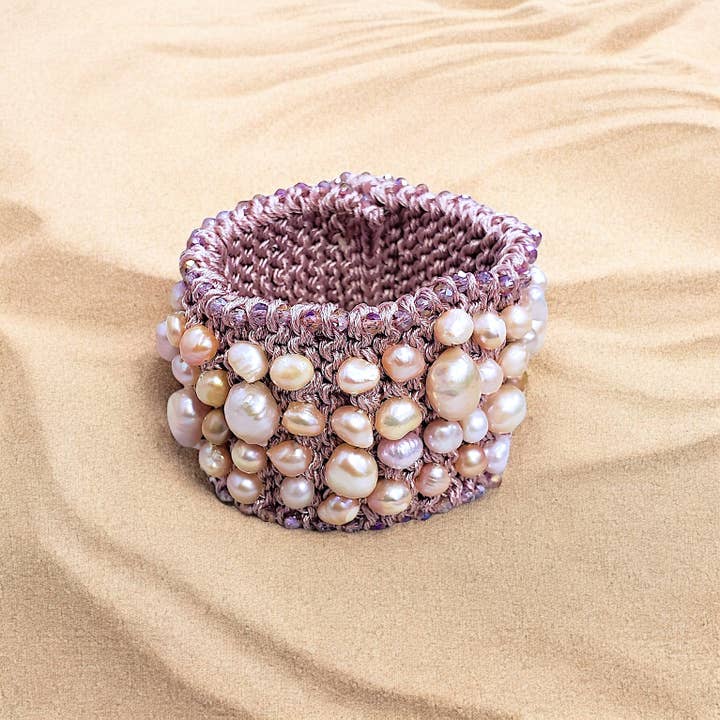 Bijoux Envie Statement Jewelry - Wholesale Cuff Bracelet - Pearl Cuff Bracelet | Pastel Pink | Crochet | Gold | Coastal