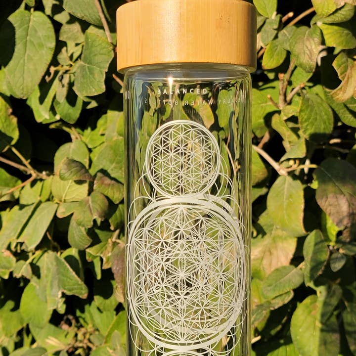 Alignment | Sacred Geometry Luxury Glass Water Bottle for wholesale by Lucid Gaia