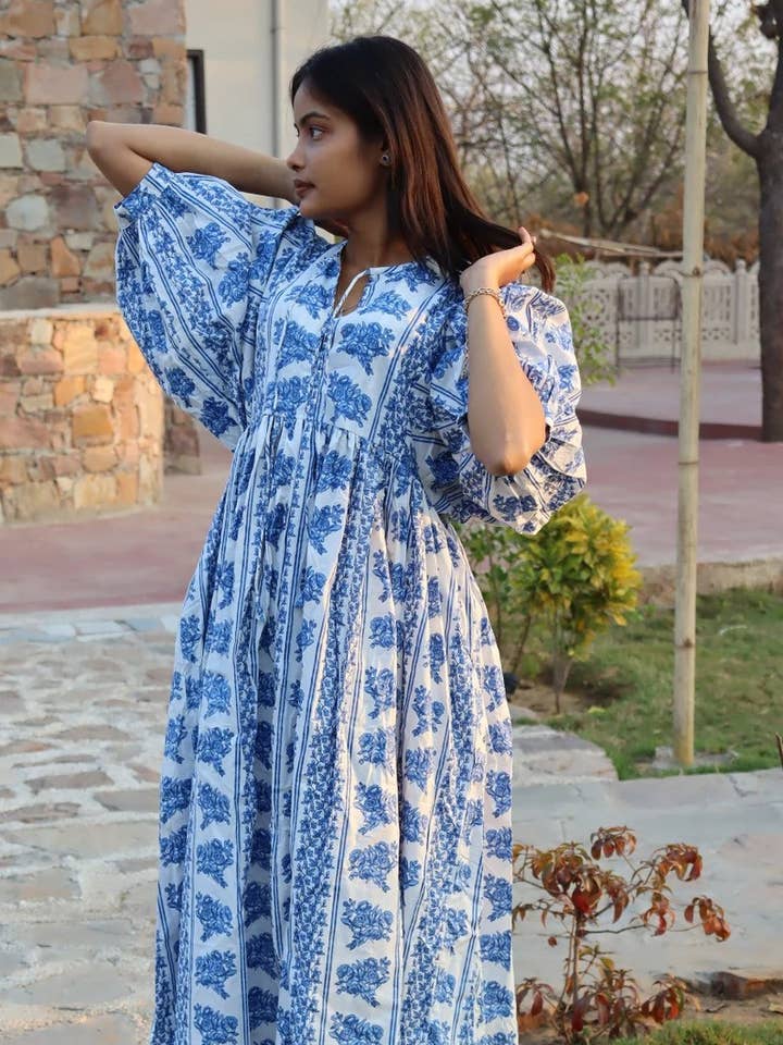 bhavnas boutique - Wholesale Dress - Women's - Long Block Printed Midi Dress Deep Neck with String Closer