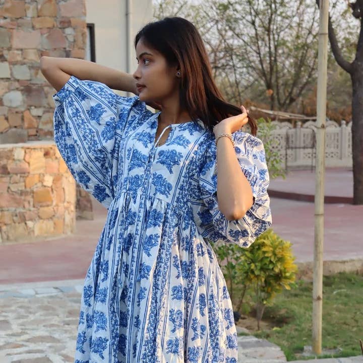 bhavnas boutique - Wholesale Dress - Women's - Long Block Printed Dress Deep Neck with String Closer