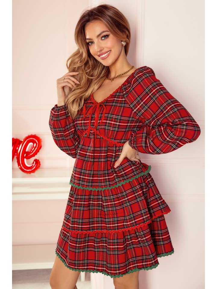 Red Polished Plaid Tiered Mini Dress for wholesale on Faire1