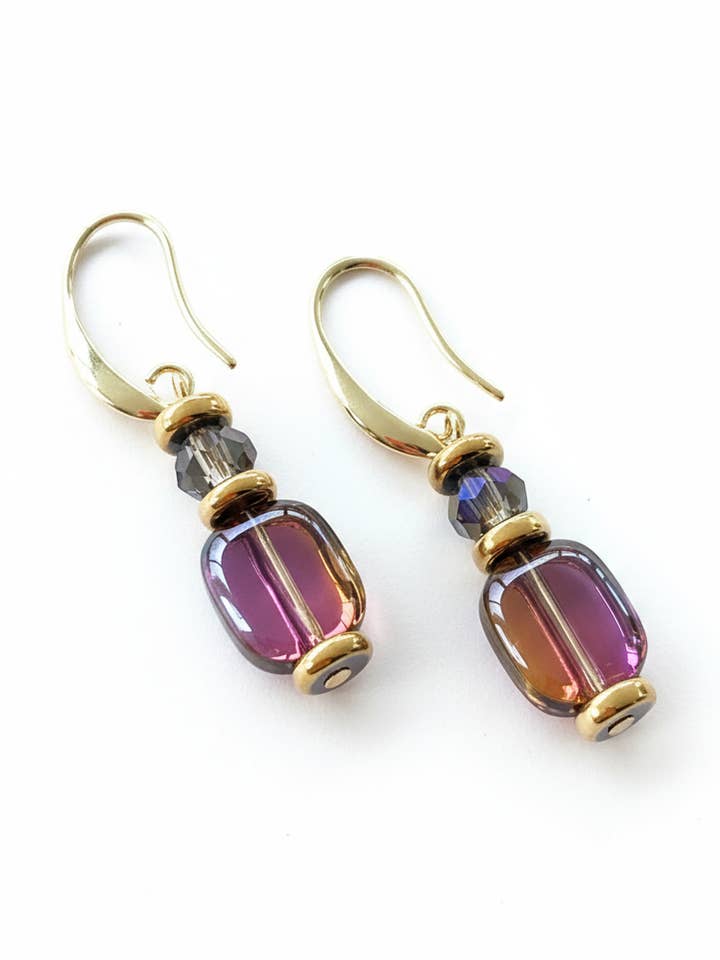 BDLE15 - Hematite, Glass & crystal drop earrings in purple and gunmetal for wholesale by Gist Jewellery