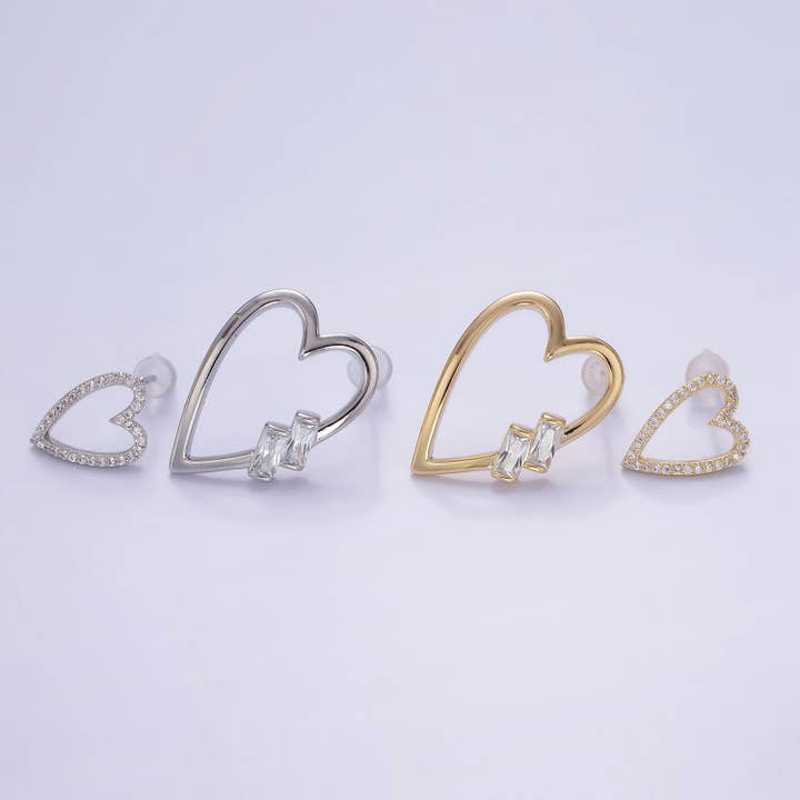 Gouden Baguette Micro Paved CZ oorknopjes met open hart voor wholesale door Aim Eternal