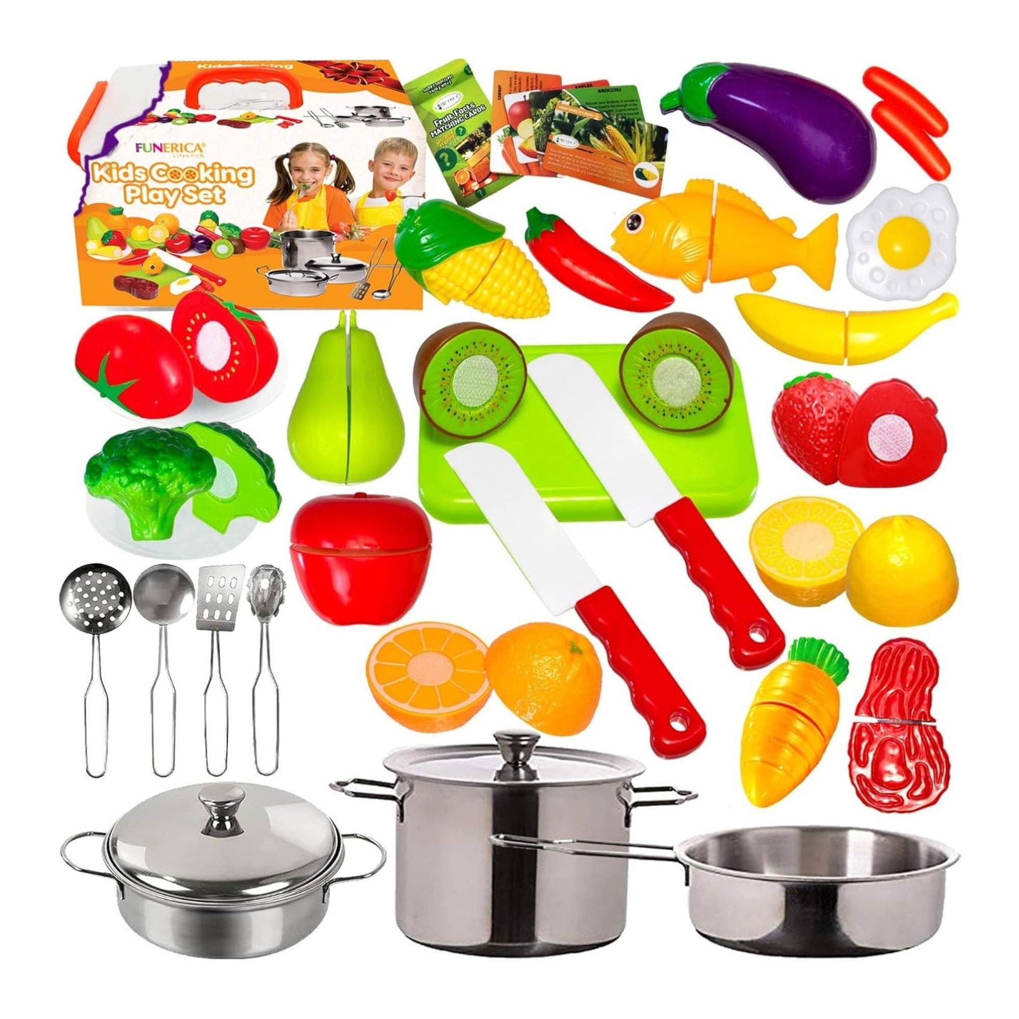 FUNERICA - Wholesale Toy Set - Kids - FUNERICA Play Food Set and Cookware Set with Realistic Stainless-Steel Pots and Pans and Utensils - Cutting Fake Food and Pretend Toy Kitchen Accessories Playset for Toddlers and Kids0
