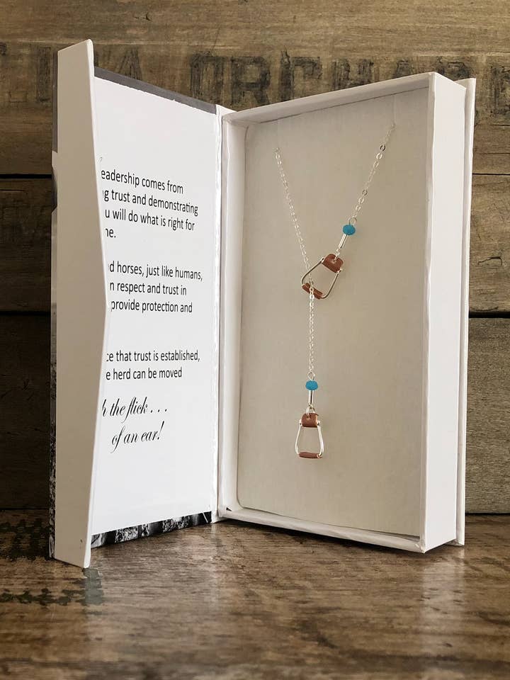 Saddle Stirrup Necklace w/AQUA Bead Jewelry for wholesale by Carol Young Silver