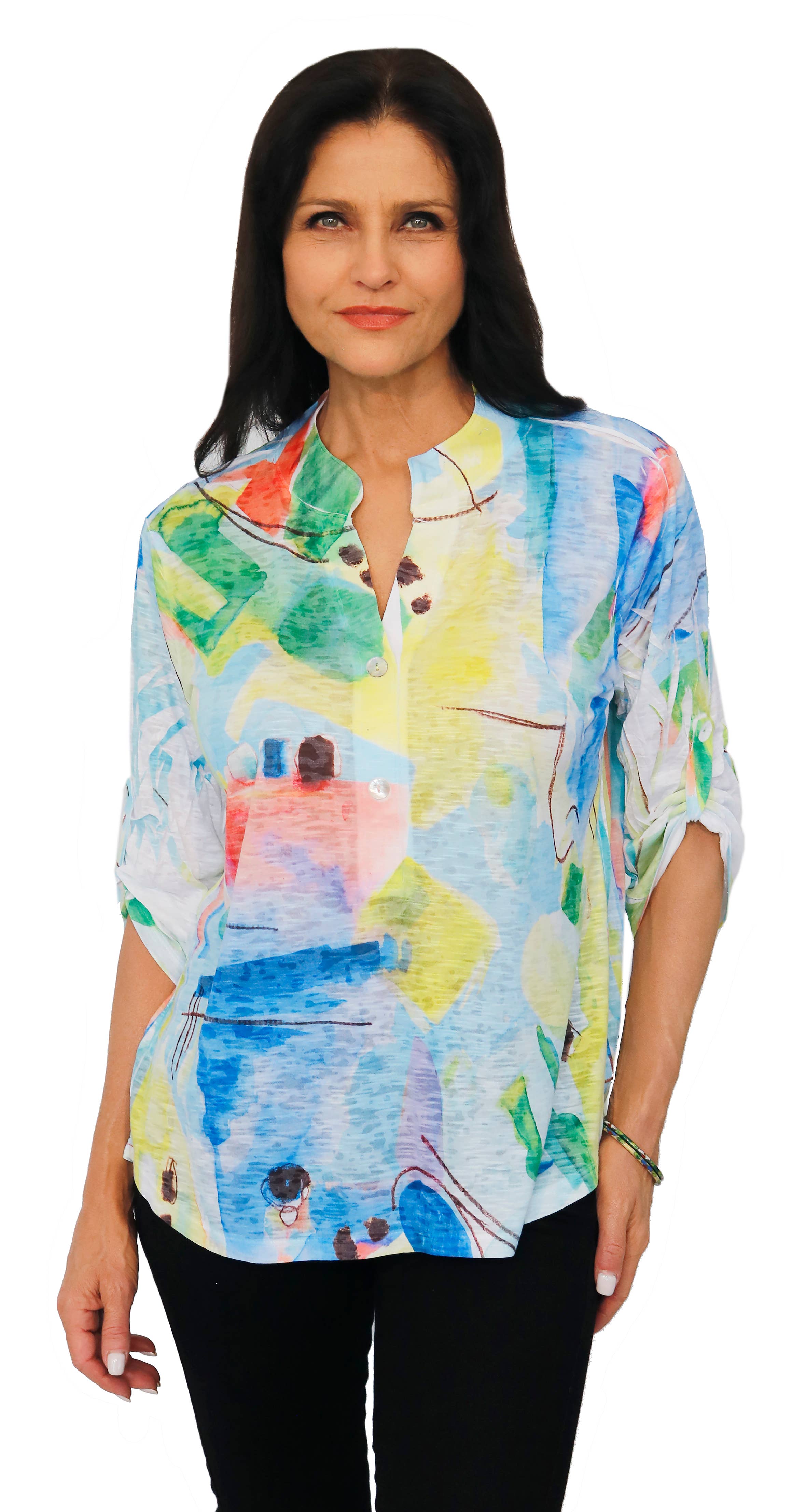 Impulse California - Vente Chemisier – femme - Col Mao 292P819 avec manches à revers et patte de boutonnage