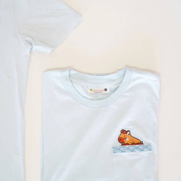 Jessthechen - Wholesale T-Shirt - Unisex - Bathing Capybara Embroidered Pocket Tee | Sky Blue3